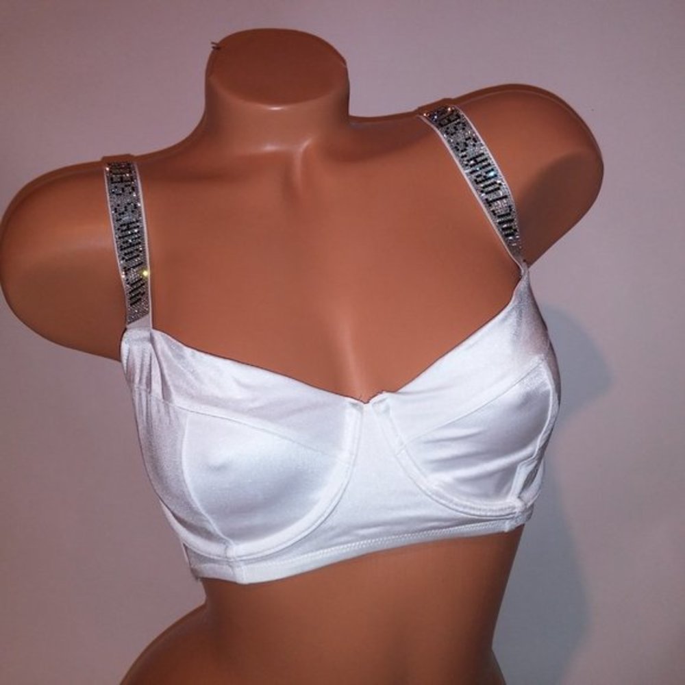 Victoria Secret Swim Bikini Top 32DD‎ White Shine Strap Bling Logo Solid New - Picture 2 of 10
